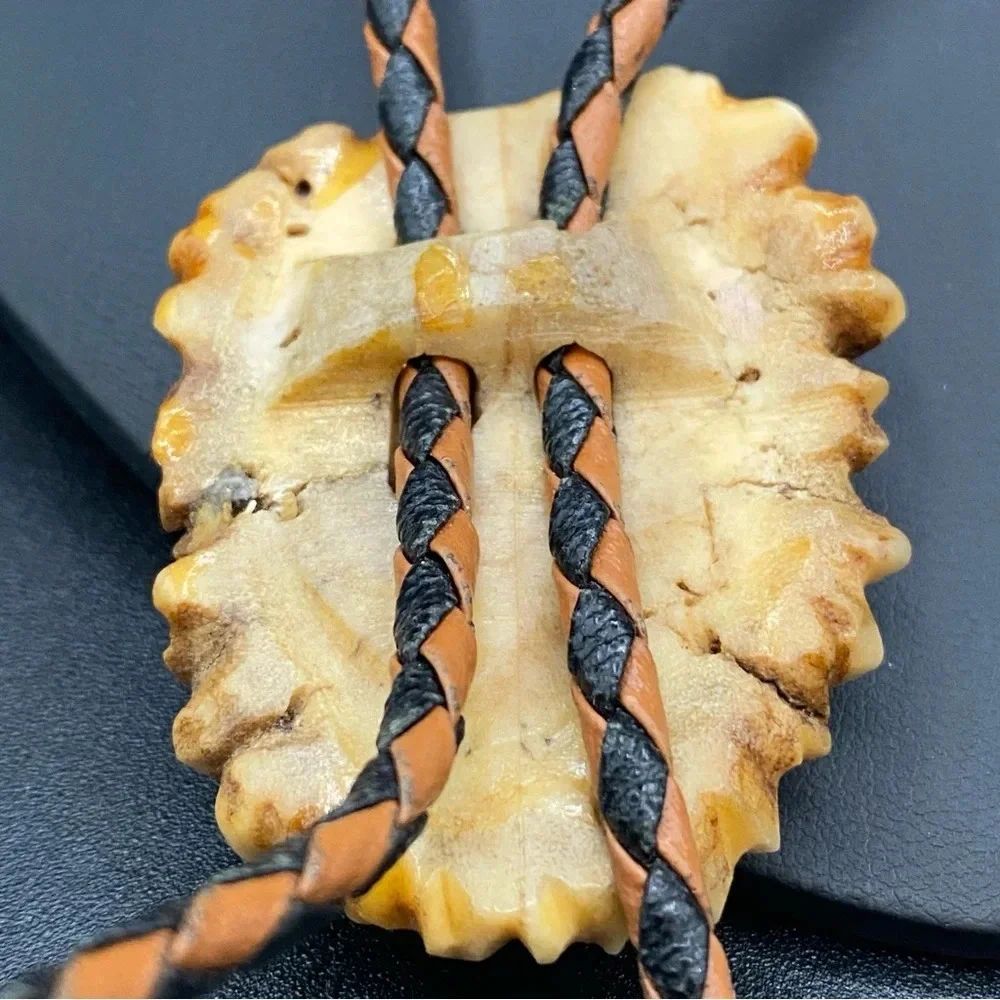 Vintage Bolo Neck Tie with Braided Leather Cord and Carved Horn